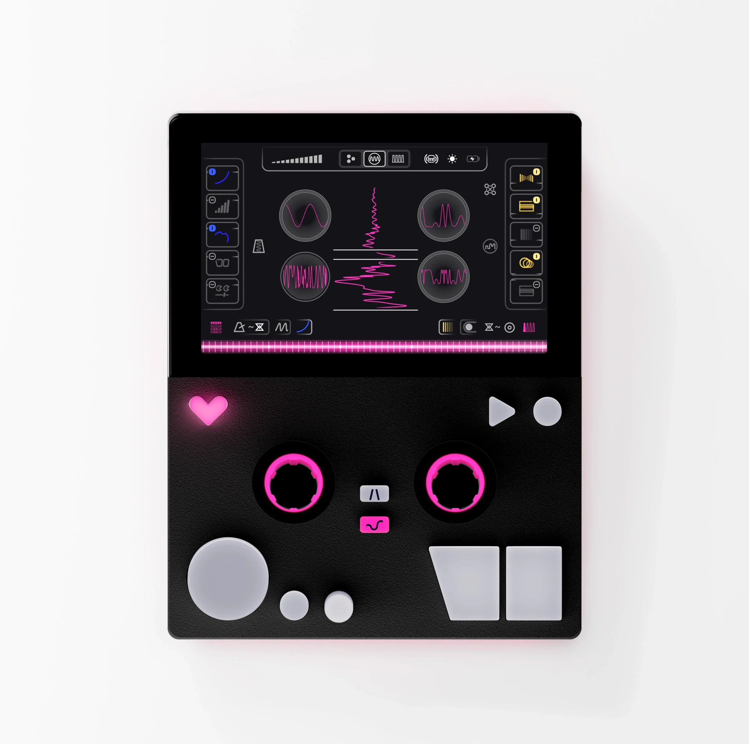 Black FIRST LOVE synthesizer viewed from above, with its sound-shaping interface and hardware controls.