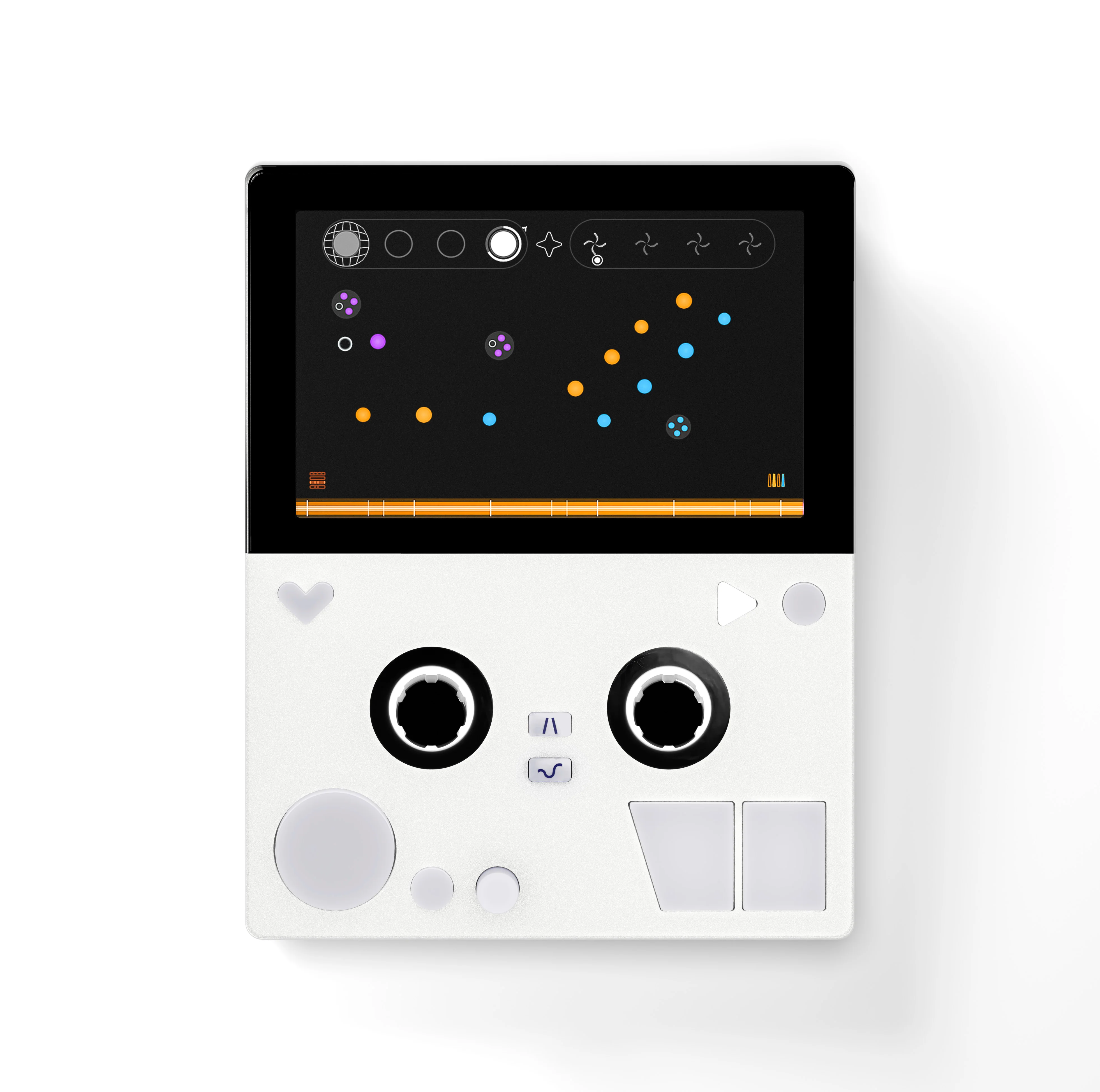 White FIRST LOVE synthesizer showing the Playground interface with colourful notes represented as dots.