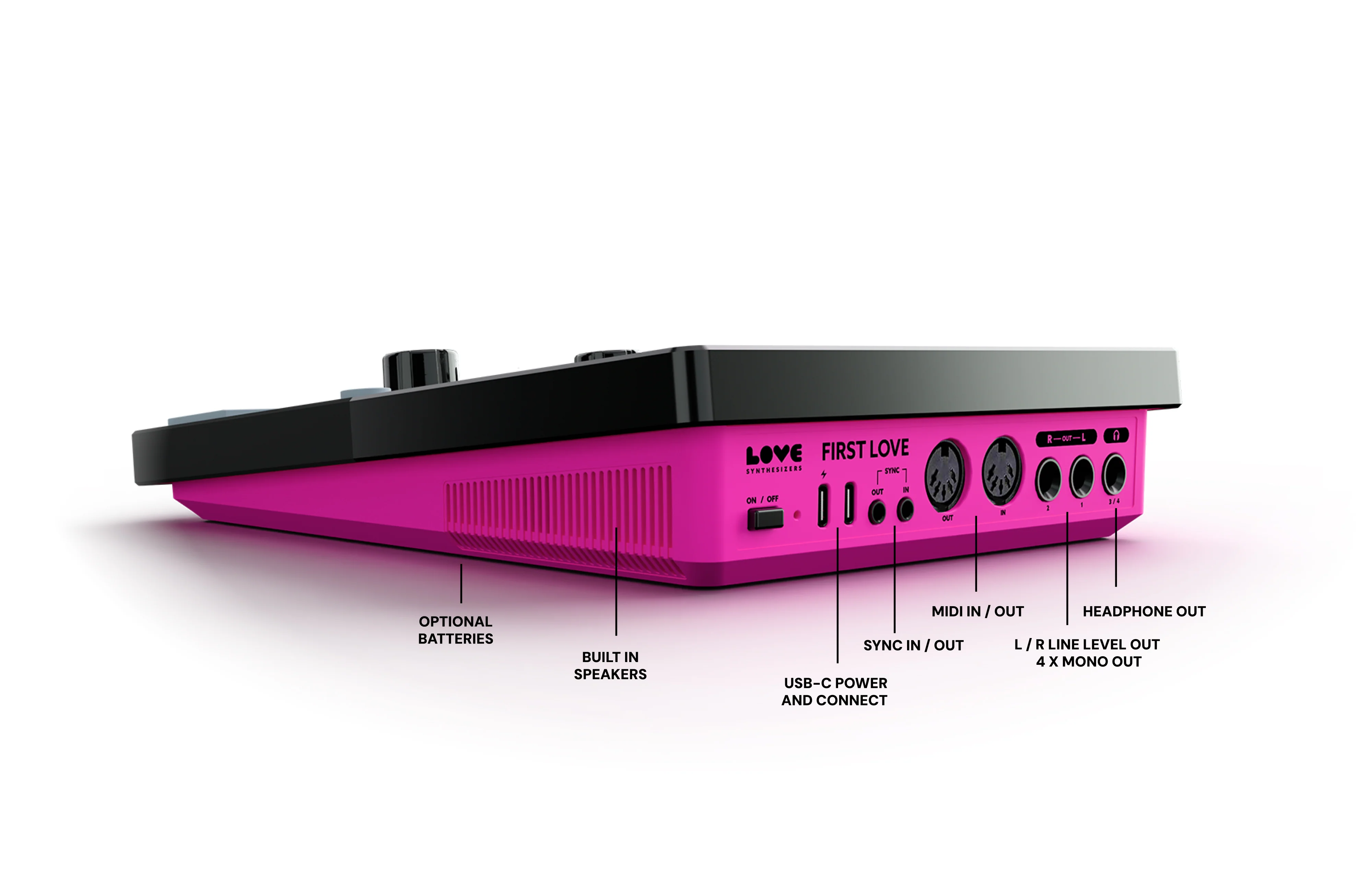 FIRST LOVE’s pink enclosure and rear connections, with labels for speakers, power, MIDI and audio outputs.