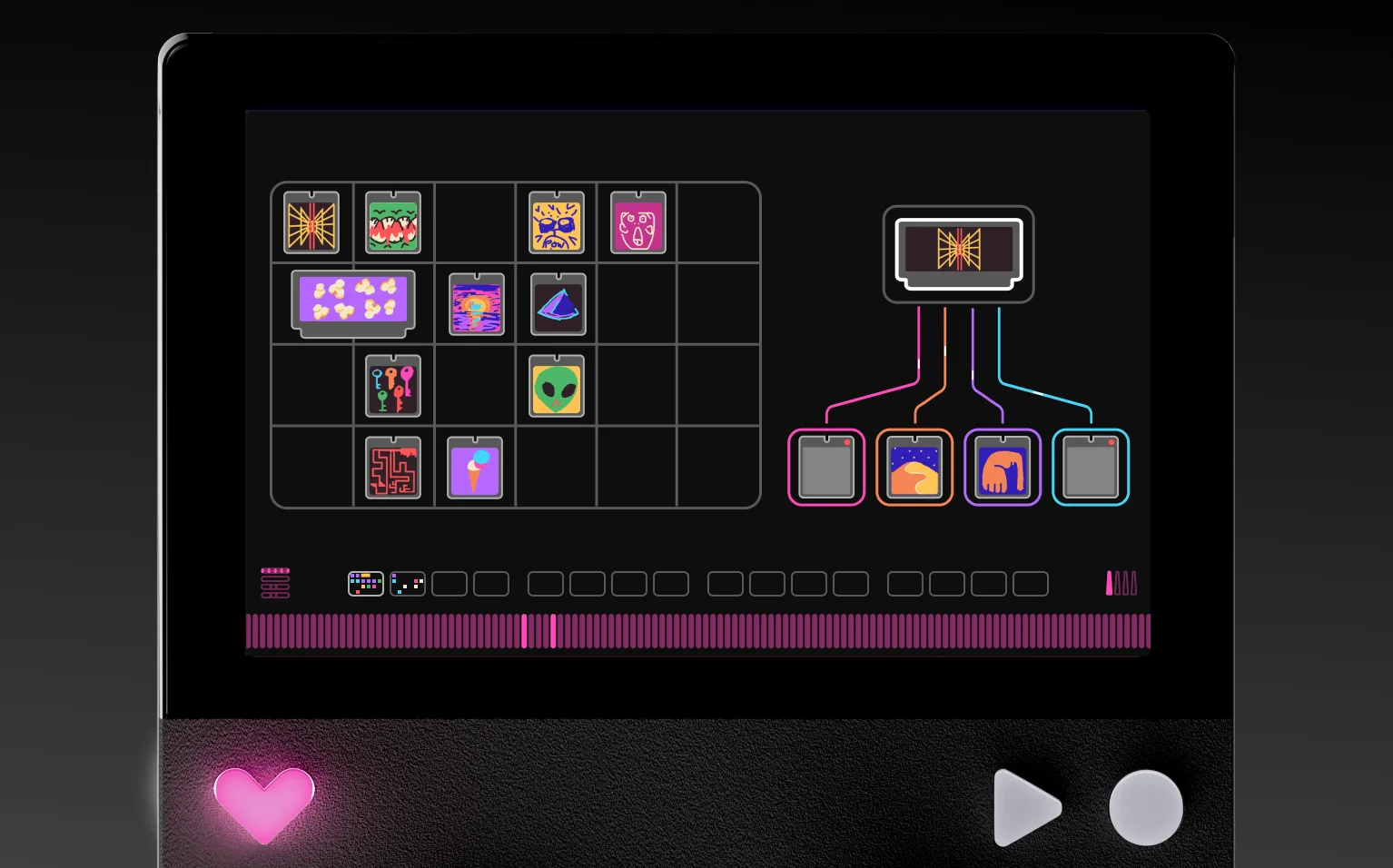 The save system evolved into an inventory of tangible patches — objects to collect, organise and assign directly to the instrument's four timbres.