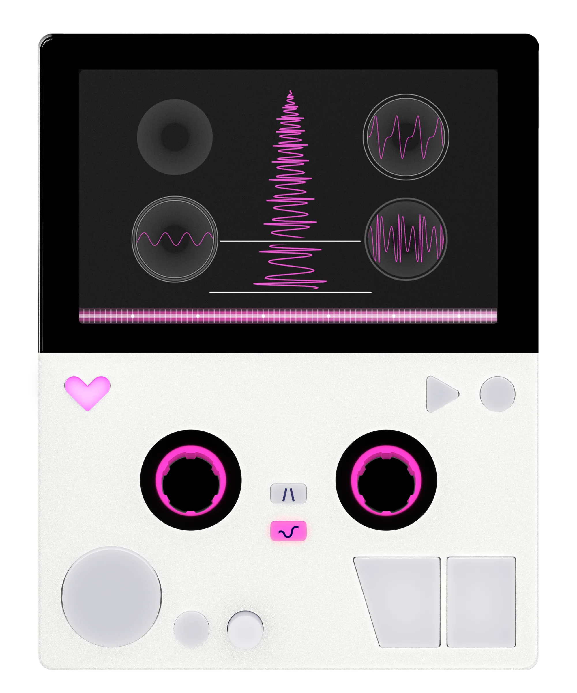 White FIRST LOVE instrument viewed from above, with the patch inventory on screen.