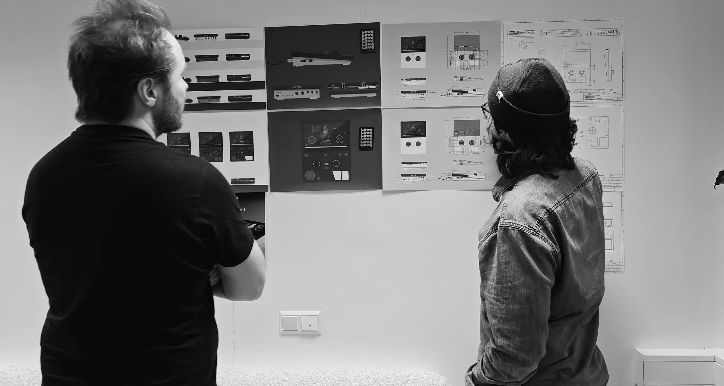 Reviewing FIRST LOVE form and mechanical design studies together.