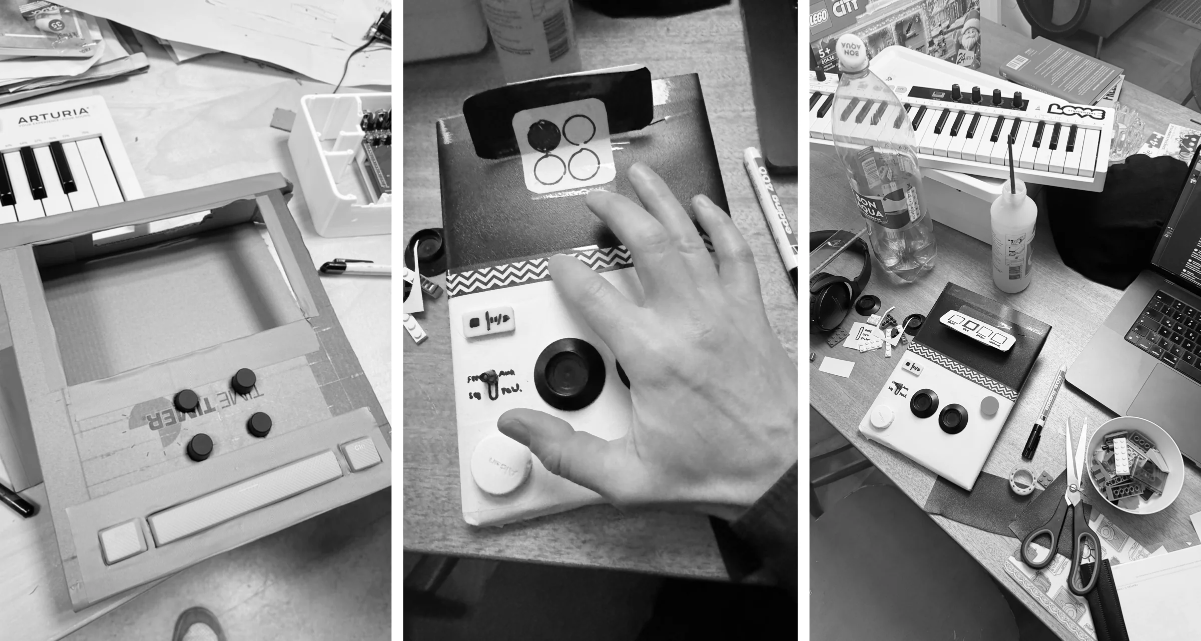 Cardboard mockups and improvised controls used to explore FIRST LOVE proportions and ergonomics.