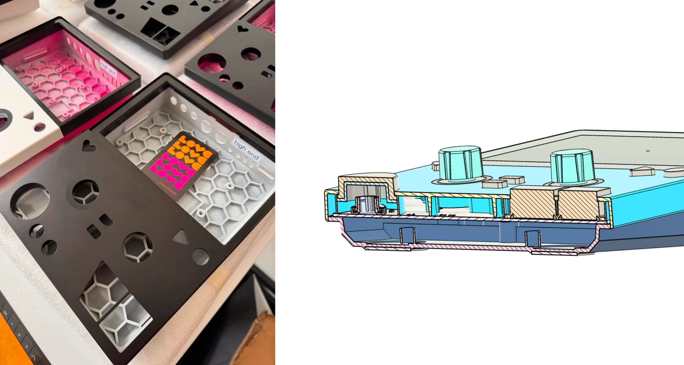 FIRST LOVE enclosure parts and a section drawing used to refine construction and fit.