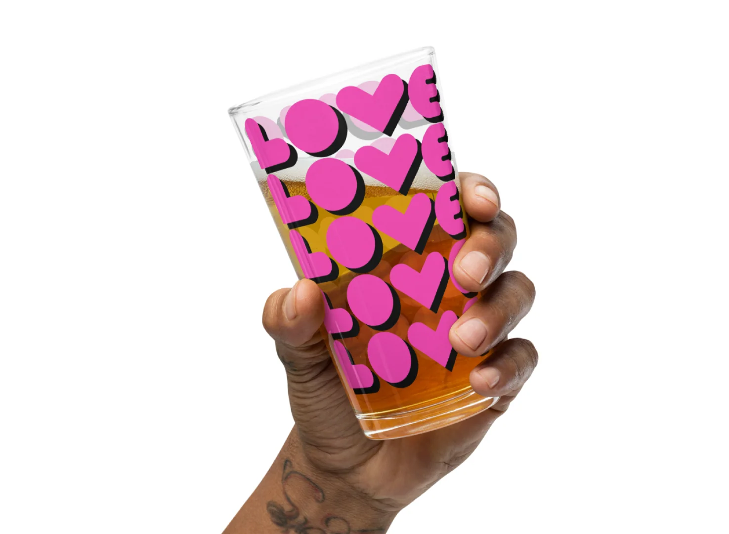 LOVE visual identity applied to a beer glass.