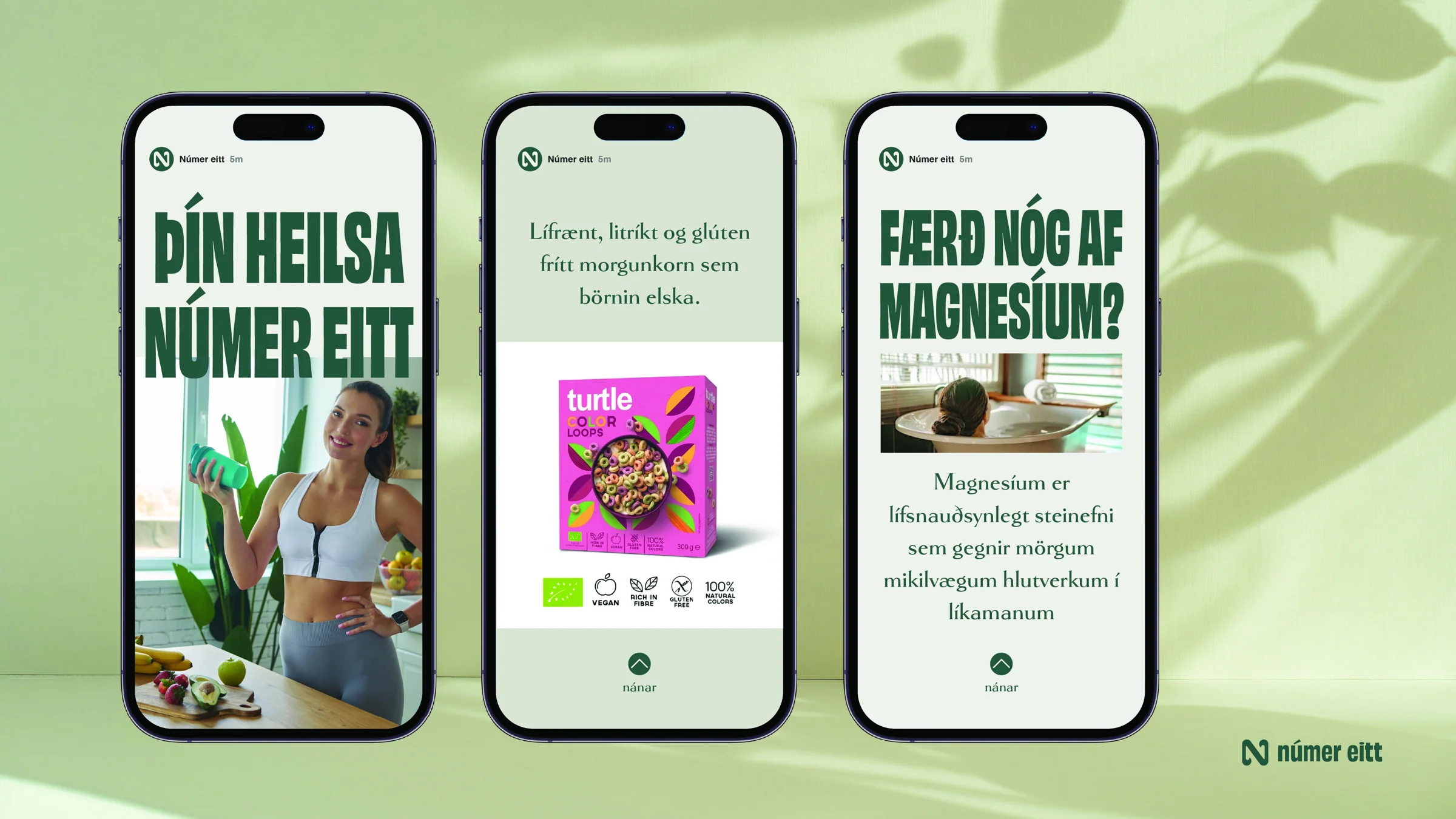 Three mobile social layouts showing the Númer eitt typography, colours and product content