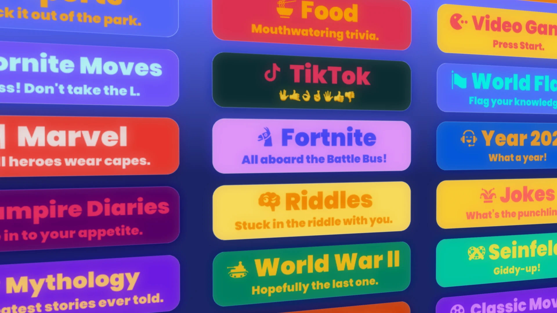 A selection of Trivia Royale quiz categories with distinct colours and titles