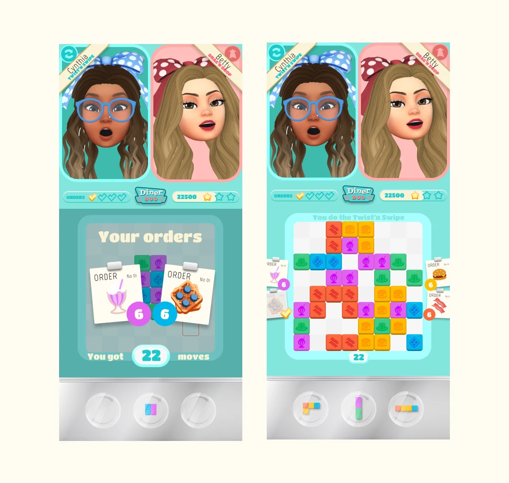 Diner Duo prototype screens combining face-to-face play with orders and a puzzle board