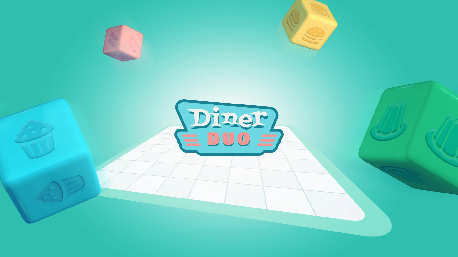 Diner Duo identity surrounded by colourful food-themed game pieces