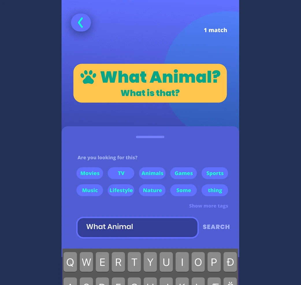 Topic-search flow with category suggestions and a search field