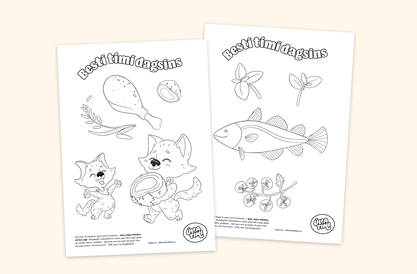 Colouring sheets featuring Ylfa and illustrated ingredients