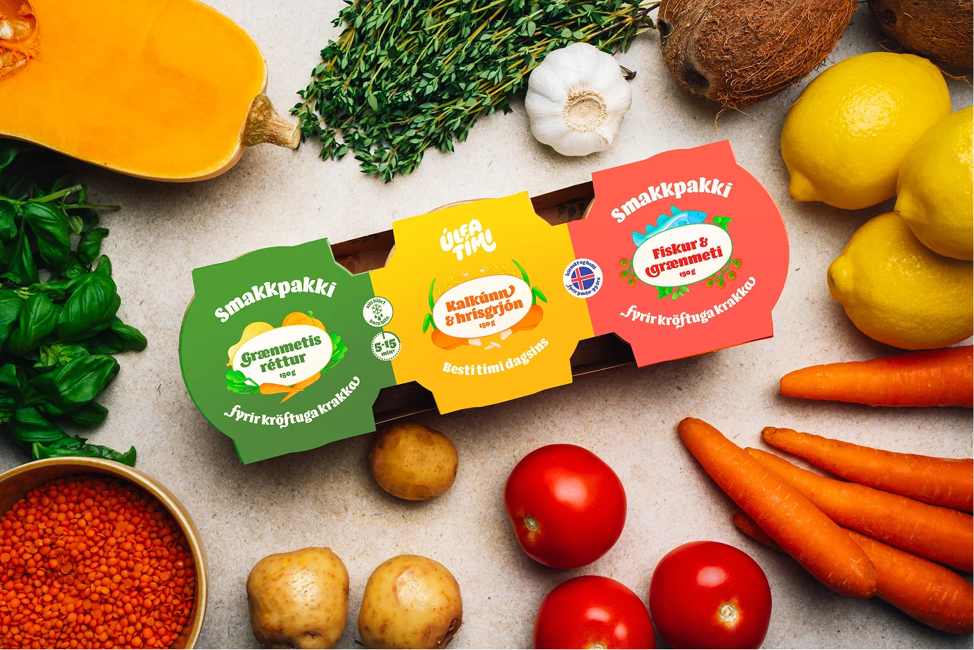 Úlfatími tasting pack surrounded by fresh ingredients
