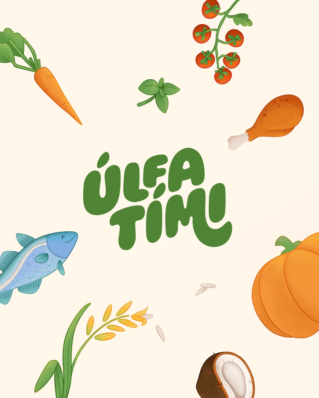 Úlfatími wordmark surrounded by illustrated ingredients on a cream background